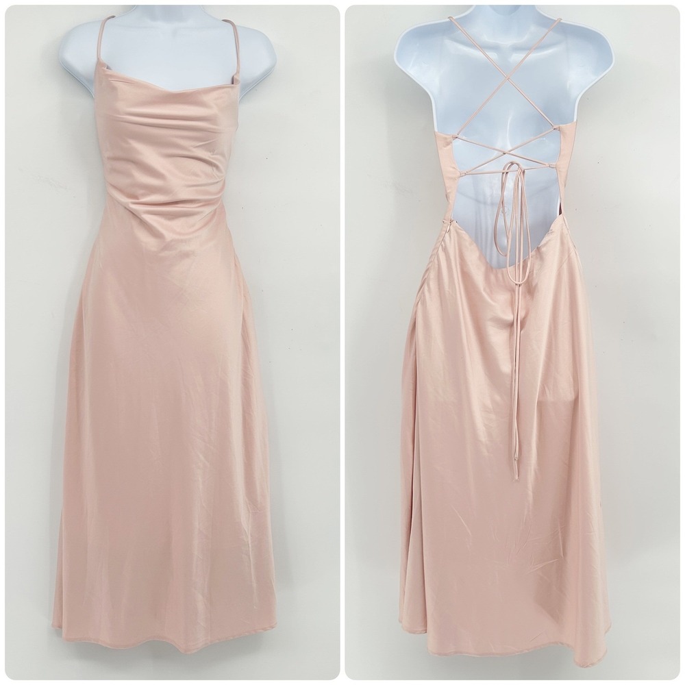 Princess Polly‎ Champagne Pink Coquette Pastel Satin Cowl Neck Midi Slip Dress 6